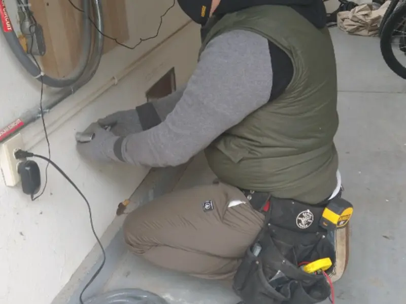 Electrician performing outlet wiring in a Lugoff garage
